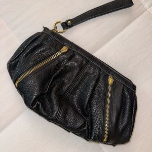 Jennifer Lopez J. LO Black Faux Leather Wristlet Clutch with Gold Zipper Detail